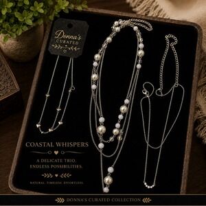 Donna's Curated Coastal Whispers 3 Necklace Collection Silver Tone Pearls Layers